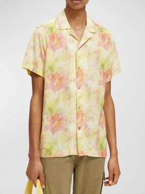 Scotch & Soda Tie-dye Linen-blend Camp Shirt In Yellow
